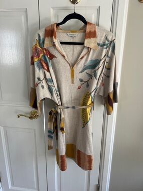 Casual Floral Belted Tunic Dress in Cream with Natural, Gold & Teal